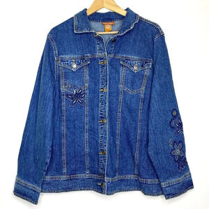 NWT Liz & Me Floral Embroidered Denim Jean Jacket Boho Plus Size 0X Blue